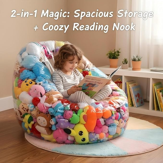 Clear Stuffed Animal Storage Bean Bag Chair Cover - Extra Large 150L, Waterproof & Easy-Clean Toy Organizer with Plastic Window,forNursery, Bedroom, Playroom (Cover Only, No Filler) (1 pcs) - Image 5
