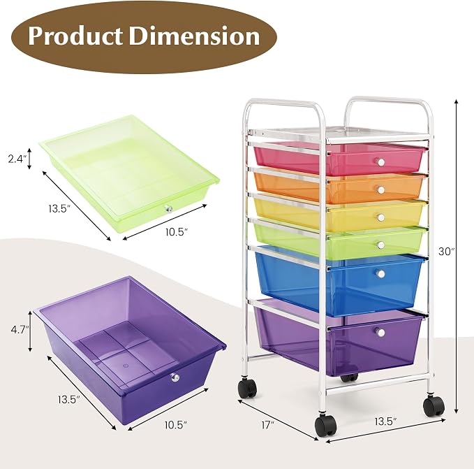 GOFLAME 6-Drawer Rolling Storage Cart, Multifunctional Art Craft Organizer Cart, Mobile Utility Storage Cart with Removable Drawers & Lockable Wheels, Craft Cart for Home Office, Rainbow - Image 3