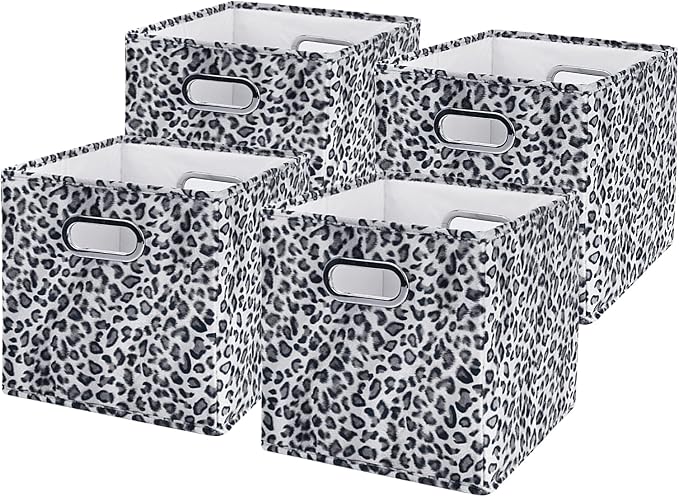 ANMINY Leopard Cheetah Print Storage Cubes Bins, Velvet, Gray, 11Inch 4PCS | Collapsible & Washable, PP Board Frame, Built-in Metal Handles, Animal Themed Fabric Cubes Baskets for Closet Shelves Decor - Image 6