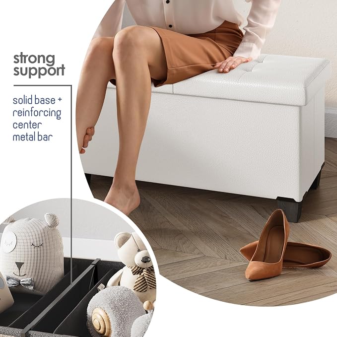Storage Ottoman Bench with Bins, 43-in Storage Bench for Bedroom End of Bed, Folding Foot Rest Ottoman for Living Room Max 660lbs, Faux Leather Ottomans, Cream - Image 5