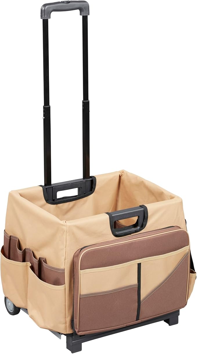 ECR4Kids Universal Rolling Cart with Canvas Organizer Bag, Mobile Storage, Dark Grey/Grey | Durable plastic, 30 compartments, adjustable handle, 40 lb capacity, collapses to 3" thick, rolling wheels for easy transport by ECR4Kids
