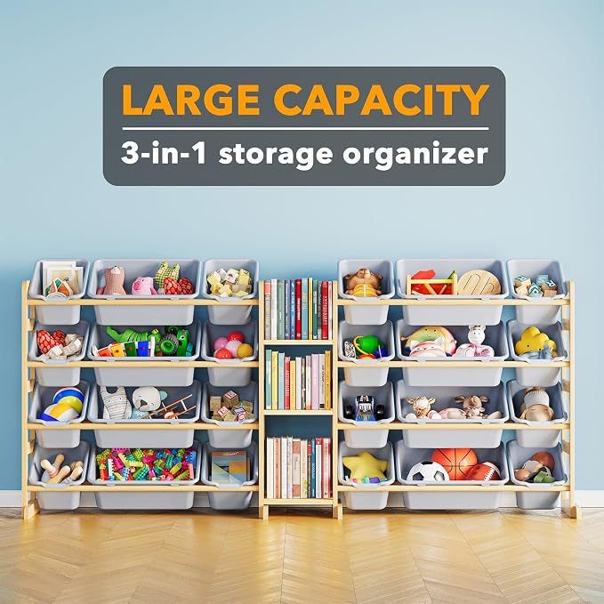 SpaceAid Large Toy Storage Organizer with 24 Bins and 3 Shelves, Toy Organizers Storage Bookshelf, Kids Bin Shelf Box Bookcase for Bedroom Playroom Organization Room Decor, Neutral Gray - Image 3