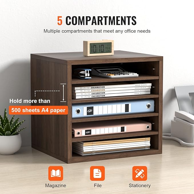 VEVOR Literature Organizers, 5 Compartments Office Mailbox with Adjustable Shelves, Wood Literature sorter 13.9x12x13 inches for Office, Home, Classroom, Mailrooms Organization, EPA Certified, Brown - Image 4