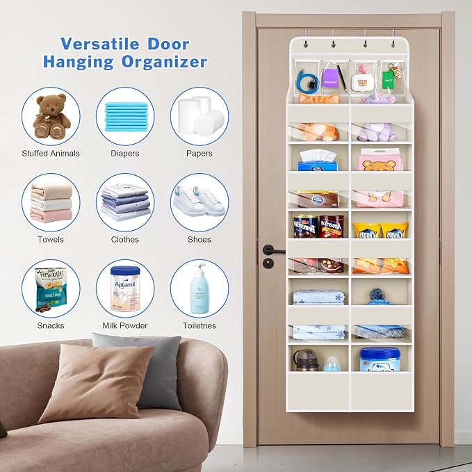 Univivi Upgraded Over the Door Organizer for Baby Nursery, Beige, 6-Shelf | Fabric Behind Door Storage with Clear Window Deep Pockets, Over Door Hanging Organizer for Baby Essential, Bedroom, and Dorm - Image 9