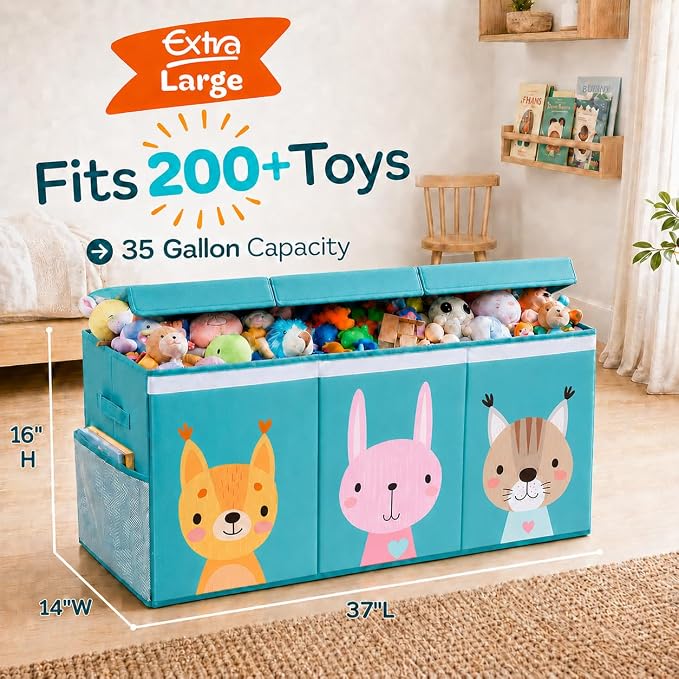 SoftOwl Extra Large Toy Storage Organizer with Lid - Sturdy, Collapsible Toy Chest Storage Box with Cute Design - Toys Bin with Dividers for Kids, Boys, Girls, Nursery, Bedroom, Play room 37"x16"x14" - Image 2