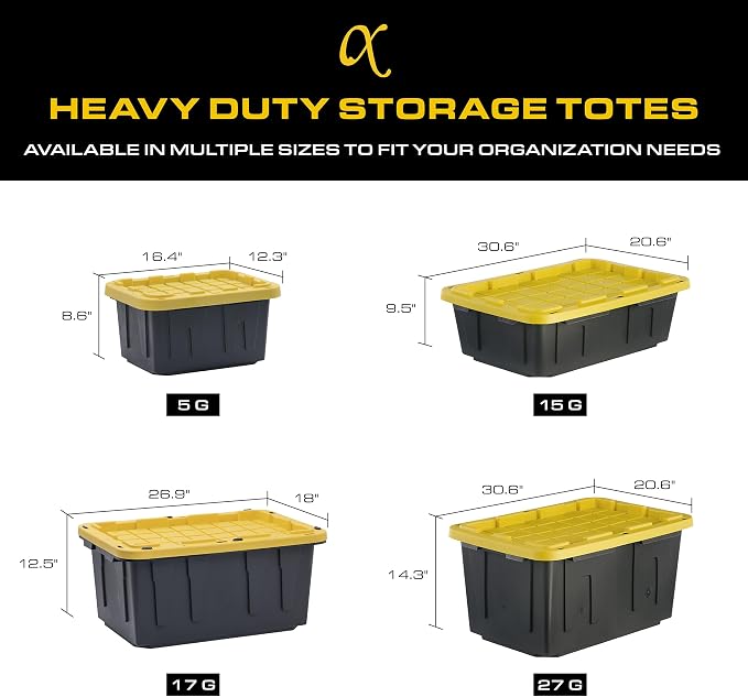 CX Heavy Duty 27-Gallon Stackable Plastic Storage Bins with Lids, 4 Pack | Storage totes for garage organization, Stackable containers, weather-resistant, snap lid, 14.3H x 20.6W x 30.6D, Black/Yellow - Image 8