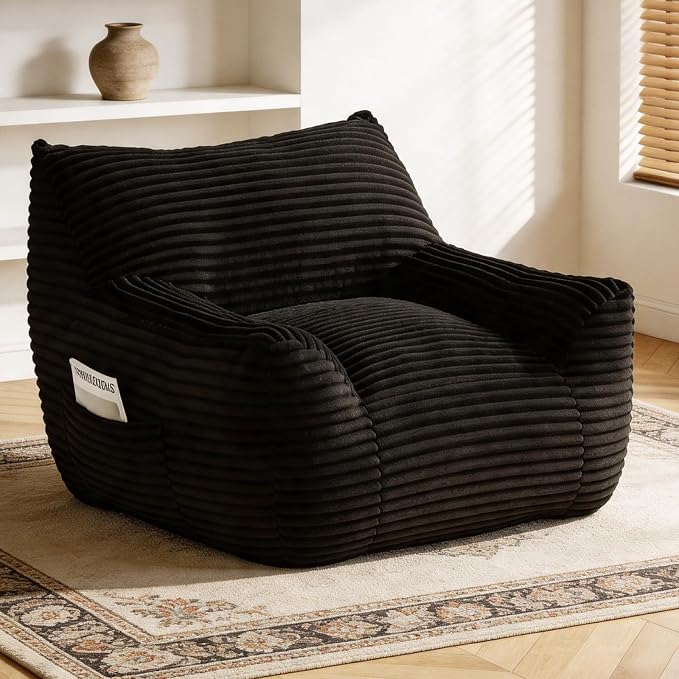 Bean Bag Chair for Adults & Kids, Giant Bean Bag Sofa with Side Pocket, Corduroy Beanbag Chair with Armrests, Comfy Stuffed Floor Sofa for Living Room Bedroom Dorm, Black by Nivayor