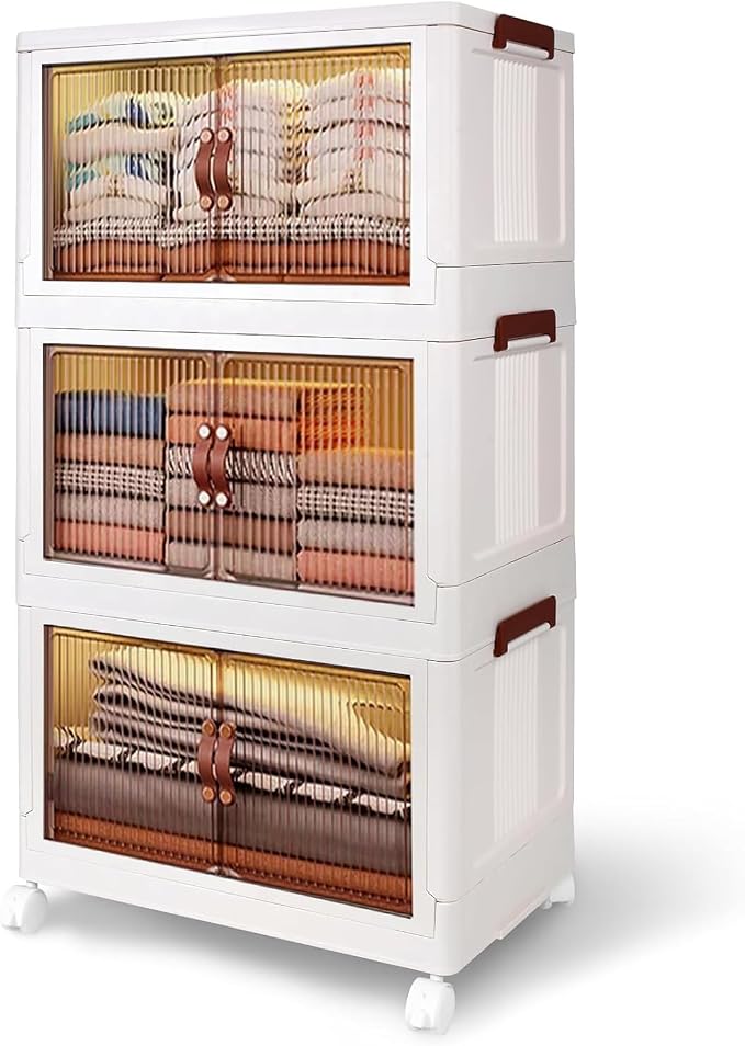 3 Tier Plastic Stackable Storage Bins and Boxes Organizer, Foldable Containers, Stackable Closet Organizers, Collapsible Boxes, White (3 Tier, 25.8″) by Unknown