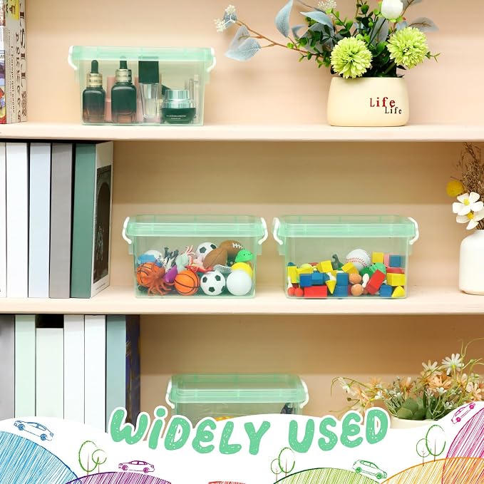6 Pack Colorful Plastic Storage Bins with Lids 4 Quart Small Storage Latch Box Stackable and Nestable Clear Organizer Bins with Latching Handle and Buckle for Organizing(Green) - Image 5