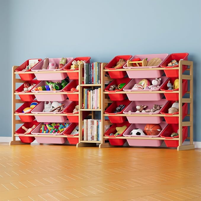 SpaceAid Large Toy Storage Organizer with 24 Bins and 3 Shelves, Toy Organizers Storage Bookshelf, Kids Bin Shelf Box Bookcase for Bedroom Playroom Organization Room Decor, Red and Pink by SpaceAid