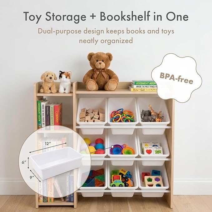 Humble Crew Kids Toy Storage Organizer with Bookshelf, 9 Bins, Solid Wood | Built in side bookshelf, removable bins, solid hardwood, compact 35 in wide, toddler friendly, for playrooms and nurseries - Image 4