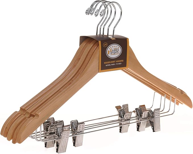 Quality Wooden Skirt Hangers with Clips, 10-Pack Smooth Solid Wood Pants Hangers with Durable Adjustable Metal Clips, Swivel Hook, Coat, Jacket, Blouse Suit Hangers (Natural, 10) - Image 8