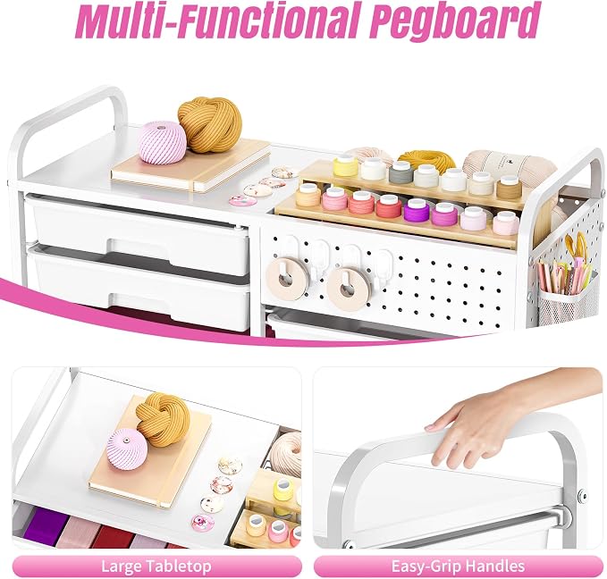 14 Drawer Rolling Storage Cart with Tabletop and Pegboard for Crafts Pink | Easy Setup, Large Capacity, Sturdy Build, Smooth Mobility, For classroom, office and dorm supplies - Image 7