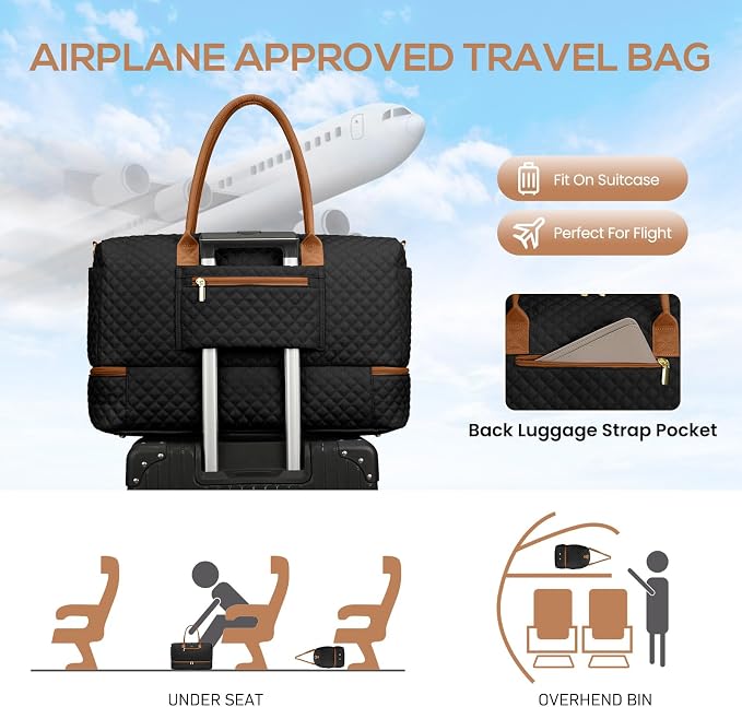 Travel Bag Weekender Bags for Women - Carry on Overnight Bag with Shoe Compartment Duffle Bag with Laptop Pocket Hospital Bag for Labor Delivery Gym Tote Bag with Toiletry Bag Black Brown - Image 8