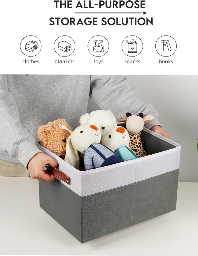 [6-Pack] Fabric Storage Bins (15x11x9.5 ) Reinforced 2.5mm Cardboard Shelf Bins with PU Leather Handles Durable Storage Baskets for Closet Organization, Toy Organizer, & Home Office White&Grey - Image 7