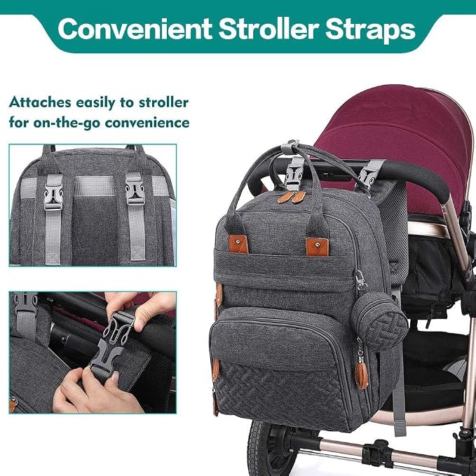 KAUKKO Baby Diaper Backpack Multifunction Travel Organizer with Stroller Straps Large Capacity and Durable (T1BLACK) (MDARK GRAY) - Image 7