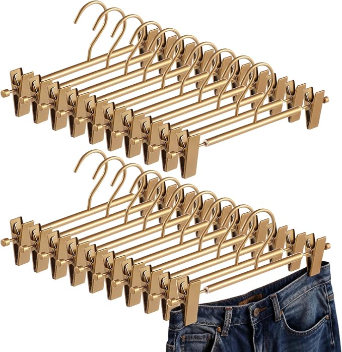 20 PCS Gold Pants Hangers with Clips - Adjustable Metal Skirt and Trouser Hangers with Non-Slip Rubber Padded Clips, Slim Lightweight Sturdy Aluminum Clothes Hangers for Clothes Closet Organization - Image 2