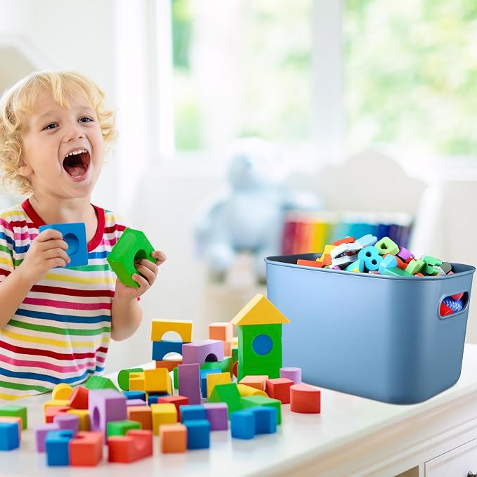 8 Pack Storage Bins, 16.1 X 12.0 X 9.7 Inch Blue | Plastic Stackable Containers with Lid Handle, For Shelves Desktop Playroom Office, Organizing Toys Books Supplies Storage - Image 7