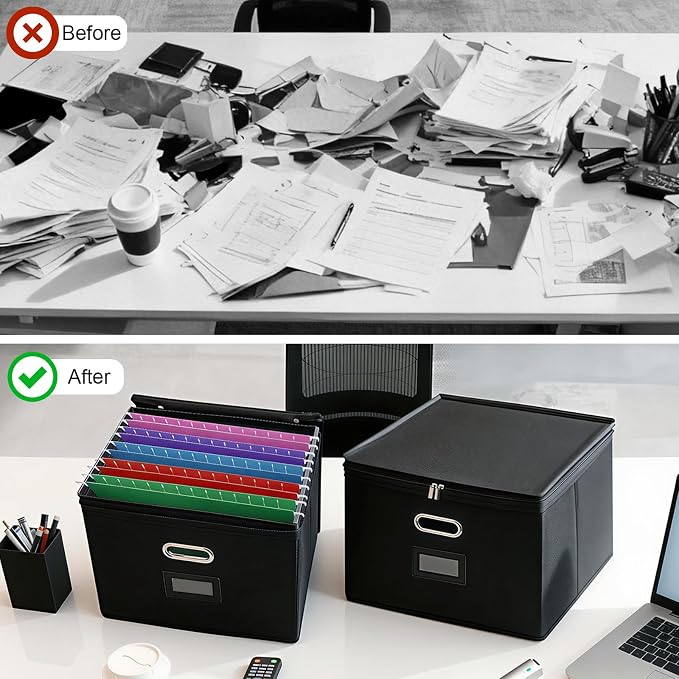 8 Pack File Organizer Boxes with Lids, Collapsible Document Storage Bin with Mesh Pockets & Zipper, Fits Letter/Legal Size Folders for Home Office Classroom Organization (Black, No Folders) - Image 6