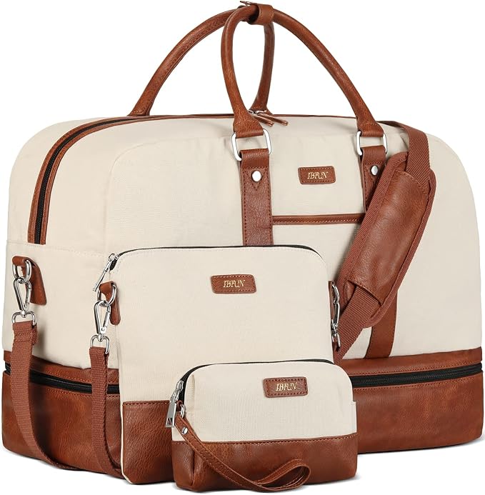 Weekender Bag for Women, Large Overnight Bag Canvas Travel Duffel Bag Carry On Tote with Shoe Compartment 21" 3Pcs Set by IBFUN
