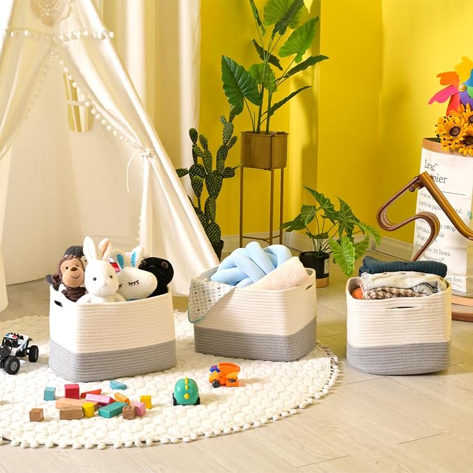 ICERZCZ Storage Baskets for Organizing Shelves, Woven Cotton Rope Bins for Baby Nursery Organization, Book Toy Towel Organizer, 15"x11"x9.5", 3 Packs, Off White & Grey - Image 6
