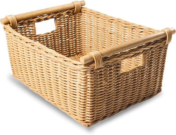 The Basket Lady Pole Handle Wicker Storage Basket, M, Sandstone | Outside: 16" L x 12" W x 8.25" H | Inside: 14"L x 10"W x 8"H - Handcrafted by artisans from natural rattan by TheBasketLady