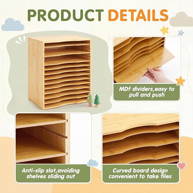 Ripeng 1 Pack Bamboo Puzzle Holder Rack, 12-Tier Adjustable Storage Organizer for Flat and Thick Jigsaw Puzzles, Space Saving Desktop Shelf, Gift for Craft Jigsaw Puzzle Lovers (Natural Wood) - Image 4