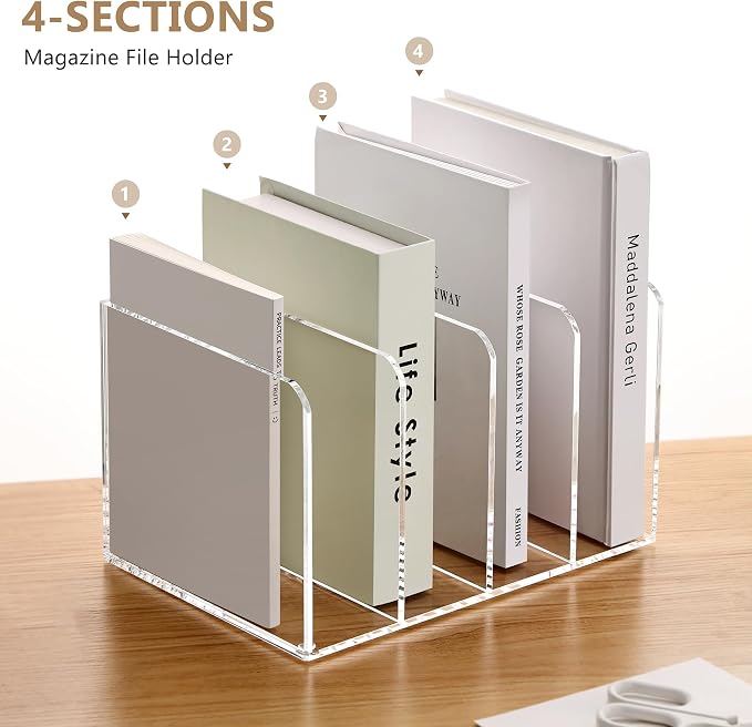 SANRUI Acrylic Magazine Holder Desk Organizer Workspace Sorter Clear 4 Slot | Bookend File Sorter Holder,Folder Rack, Office Accessories Organization Storage with 4 Vertical Compartments - Image 4