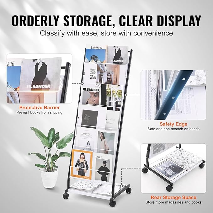 VEVOR Brochure Display Rack, 6-Tier Magazine Literature Display Stand, Floor Standing Magazine Rack Newspaper Catalog Holders, Movable with 4 Wheels (2 Lockable) for Shop Exhibitions Office, 6 Pockets - Image 4