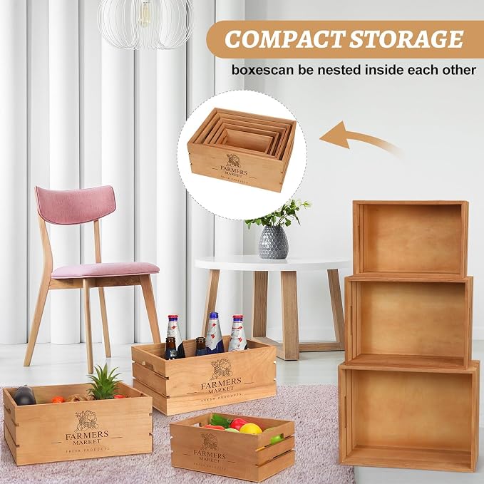 Barydat Set of 5 Wood Crates for Display Decorative Nesting Wooden Crate Storage with Handles Vintage Farmhouse Style Decorative Boxes Multipurpose Fruits Vegetables Boxes(Brown,Classic) - Image 7