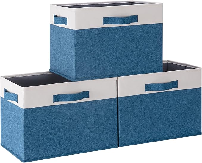 GhvyenntteS Storage Baskets for Shelves 3 Pack, Large Fabric Storage Bins with 3 Handles, Collapsible Closet Organizers and Storage, Sturdy Closet Organizer Bins/Laundry Room Organization, Blue by GhvyenntteS
