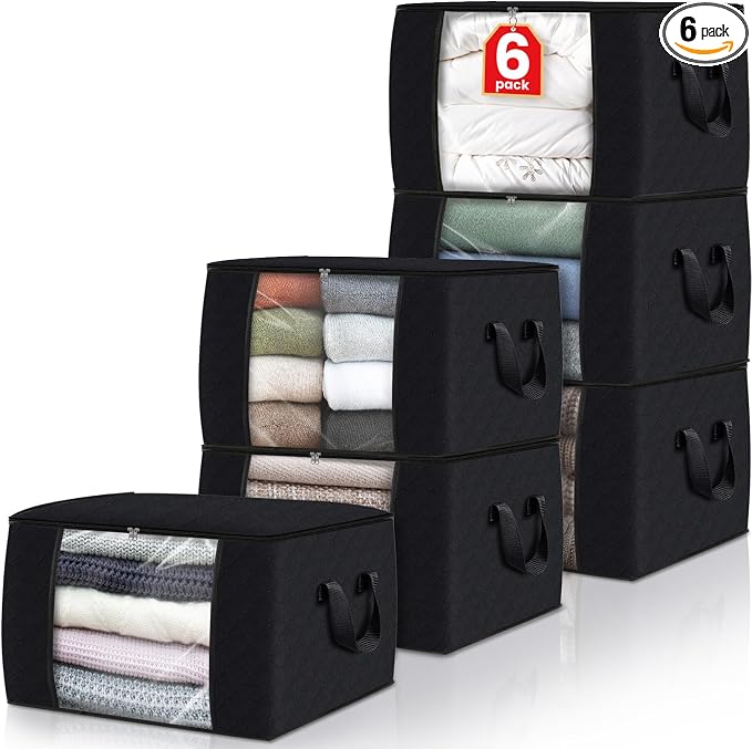 6 Pack Storage Bags for Clothes Blanket Storage Bins with Lids | Foldable Closet Organizers with Zippers,Window and Handles,Fabric Storage Bins for Sweater,Comforter,Bedding,Dorm essentials by Fabtotes