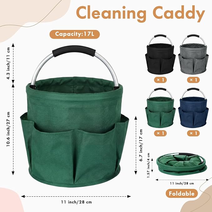 LemonRoad 4 Pack Cleaning Caddy with Handle 17L Foldable Cleaning Supplies Organizer Oxford Cloth Storage Basket with 6 Pockets Portable Multi Bucket Bag for Home Garden(Black,Gray,Navy Blue,Green) - Image 2