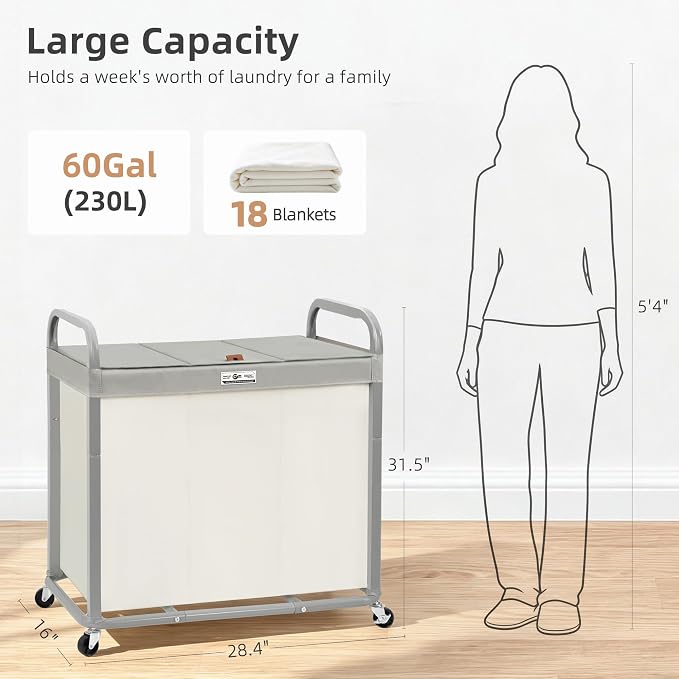 STORAGE MANIAC Laundry Hamper 3 Section with Lid Rolling Laundry Basket | 230L Laundry Sorter Cart 3 Compartment Clothes Hamper on Wheels Metal Handle Oxford Removable Bag Laundry Room Bedroom Beige - Image 3