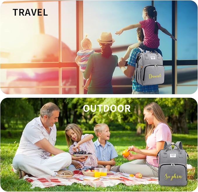 Personalized 3 in 1 Diaper Bag Backpack with Changing Station Multifunction Large Baby Diaper Bags for Boys & Girls Portable, Custom Lightweight Changing Bag Newborn Baby Essential Gifts (Grey) - Image 9