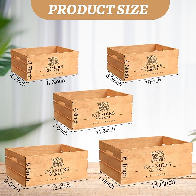 Barydat Set of 5 Wood Crates for Display Decorative Nesting Wooden Crate Storage with Handles Vintage Farmhouse Style Decorative Boxes Multipurpose Fruits Vegetables Boxes(Brown,Classic) - Image 2