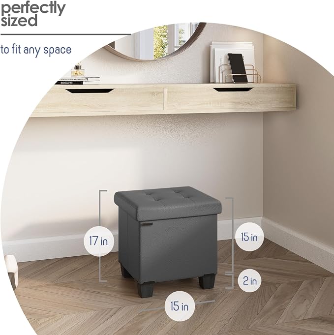 Storage Ottoman Cube with Small Bin, 15-in Square Ottoman with Storage for Living Room and Bedroom, Small Ottomans Foot Rest, Faux Leather Foot Stools Ottomans Max 330lbs, Grey - Image 9