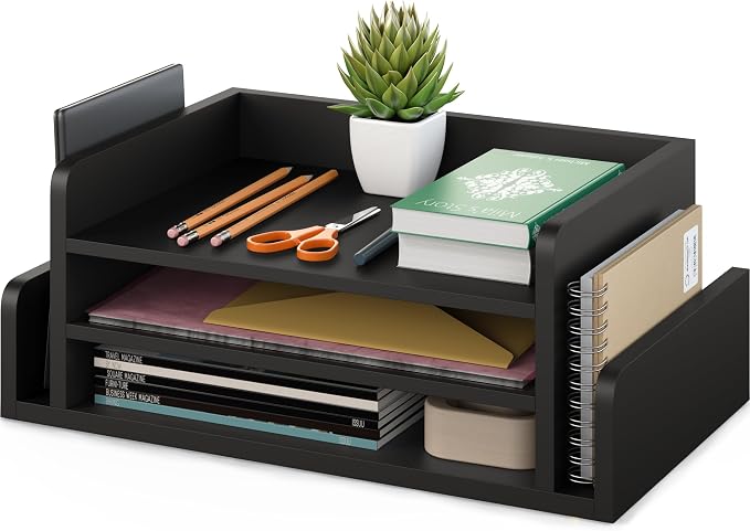 Ballucci 3-Tier Desk Organizer with 2 Side Mail Sorter Slots, Wood Letter Tray, Open Top Paper Organizer, Desktop File Organizer, Black - Image 8
