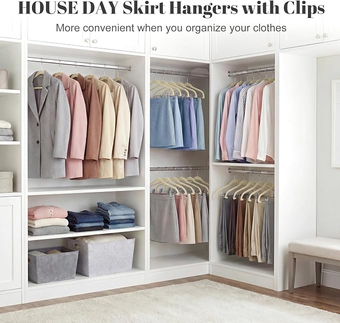 HOUSE DAY Velvet Skirt Hangers 36 Pack, Beige Hangers with Adjustable Clips | Space Saving Slim Felt Pant Hanger, Heavy Duty Shorts Hanger, Non Slip Clip Hangars for Pants, Skirts, Shorts, Outfit - Image 8