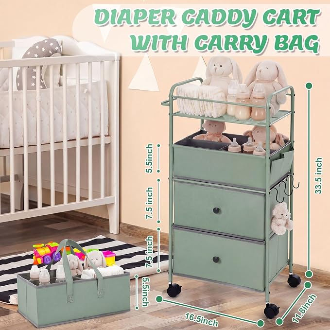 FoldTier 3In1 Baby Diaper Caddy Organizer Cart 4 Tier Large Capacity Metal Utility Bedside Rolling Cart with Divider Newborn Registry Nursery Essential Must Have Bedroom Gift Baby Shower (Green) - Image 2