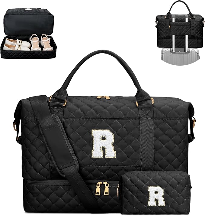 Travel Bags with Makeup Bag Friend Wife Birthday Gift(Black,R) | Womens Birthday Gifts-Overnight Bags with Toiletry Bag-Weekend Bags with Shoe Compartment by Unknown