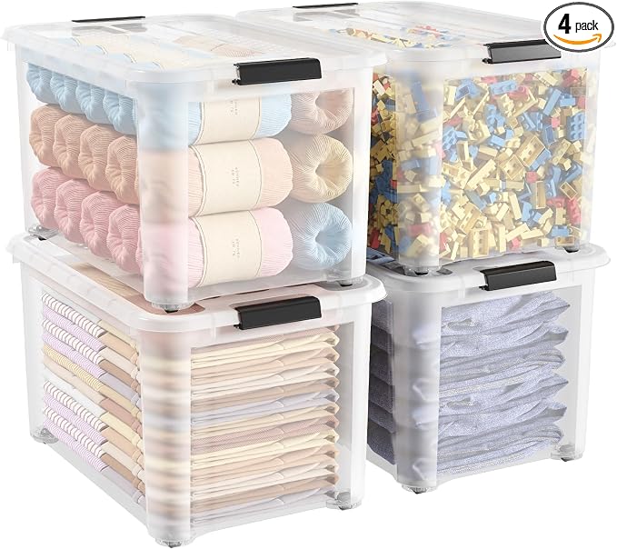 Lifewit 58Qt Storage Bins with Lids, Plastic Large Latches Boxes with Wheels, Clear Totes Tubs Container for Closet Organizers and Storage, Bedroom, Clothes, Craft, 4 Pcs by Lifewit