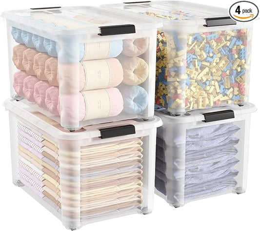 Lifewit 58Qt Storage Bins with Lids, Plastic Large Latches Boxes with Wheels, Clear Totes Tubs Container for Closet Organizers and Storage, Bedroom, Clothes, Craft, 4 Pcs by Lifewit
