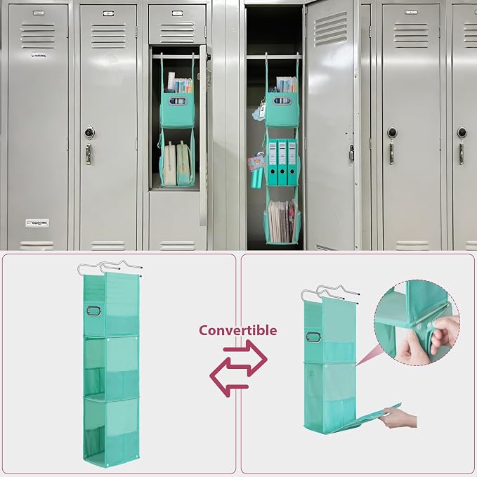 3 Shelf Hanging Locker Organizer with Side Pockets, Dark Green | Durable Oxford Fabric, Deep Shelves 9 in x 7 in, Adjustable Locker Shelf from 3 to 2 Shelves for School Locker, Gym, Closet - Image 6