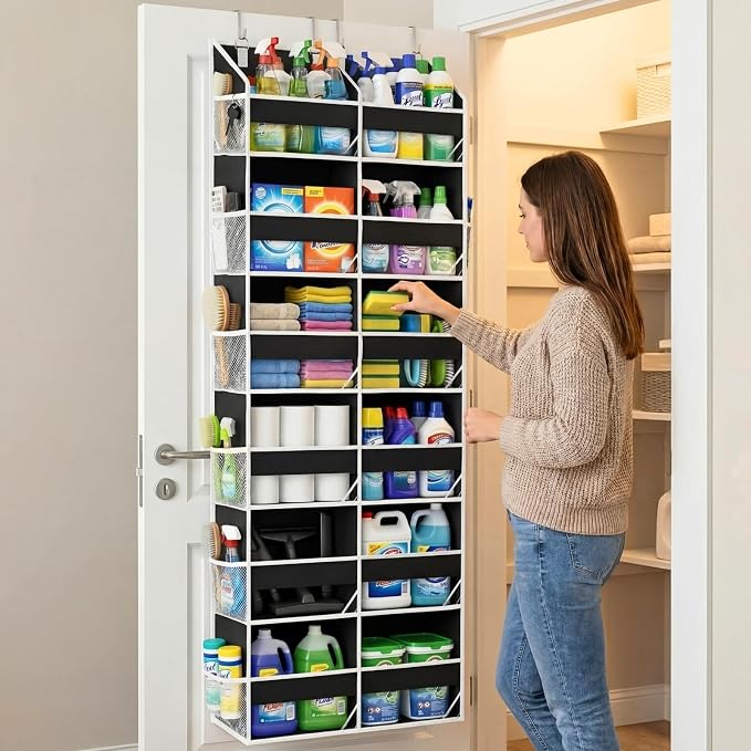 Over The Door Organizer 6 Tiers, Extra Large Behind Door Storage of 12 Compartments, 80 lbs Weight Capacity Hanging Storage Organizer with Clear Window Kids Toys, Shoes, Diapers, Room Storage,Black - Image 6