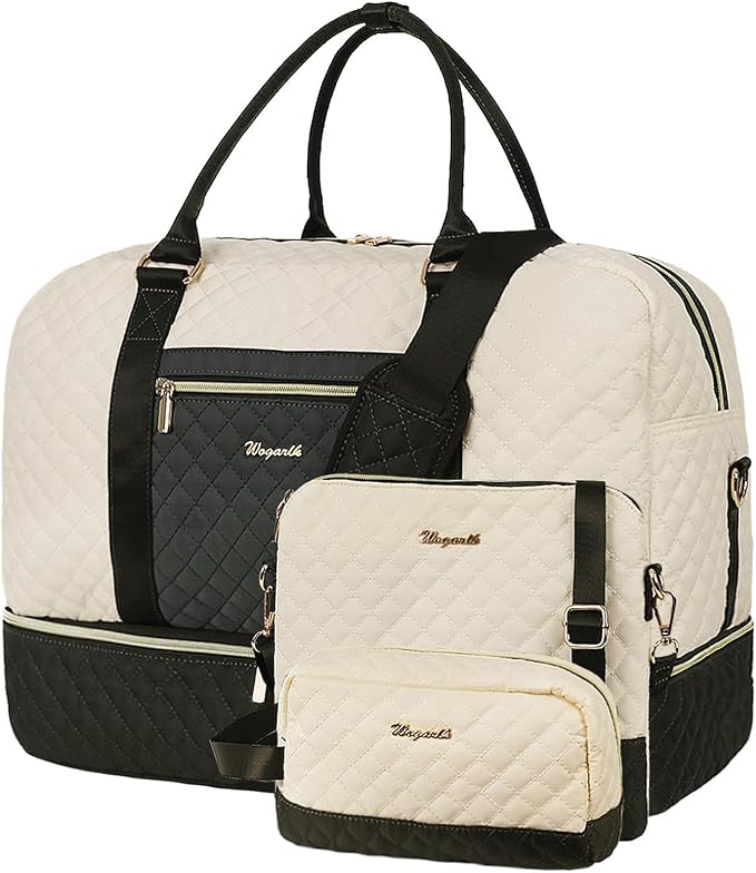 3PCS Weekender Bags for Women Large Overnight Bag, Black Beige Green | Weekender Travel Duffel Bags Carry on Shoulder with Shoe Compartment Toiletry Bag Satchel Bag for Travelling Business Gym by Wogarl
