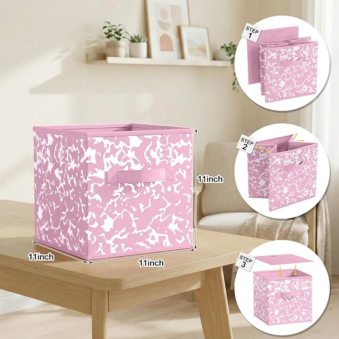 LemonRoad 6 Fabric Storage Cubes 11 Inch Foldable Marble Storage Bins for Organizing Pantry, Toy Box, Clothes Closet Collapsible Baskets for Shelves School Organizing with Handle(Pink, Classic) - Image 2