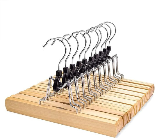 Wooden Non Slip Pants Hangers with Soft Felt Lining, 24-Pack, 9.8" | Solid Wood Clamp Hangers, 360° Swivel, for Skirts, Jeans, Slacks, Trousers, Shorts by BP4U%E2%84%A2