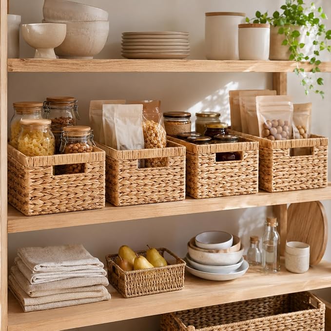 Water Hyacinth Wicker Storage Baskets for Shelves, Set of 4 | Shelf Baskets, Basket with Handle, for Pantry, Kitchen, Bathroom, Closet Storage, 13x8.25x7in - Image 3