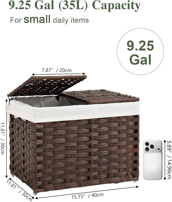 SETVSON Storage Basket with Lid, 2-Lid PE Rattan Storage Bin, Brown | 35L Storage Bin with 2 Separate Lids, 2 Removable Liners with Divider for Clothes & Blankets, Sturdy Frame, Brown - Image 2